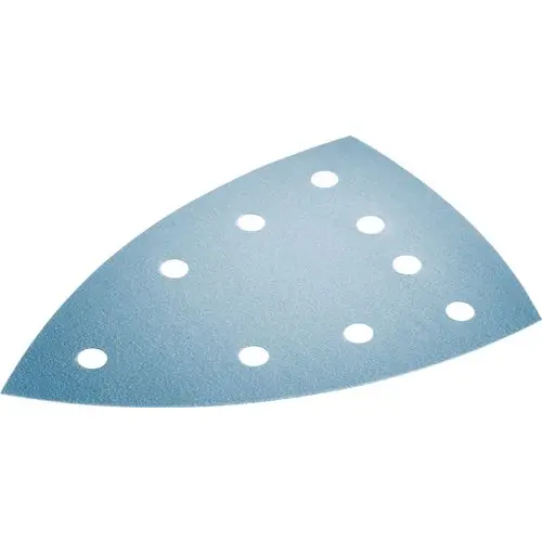A triangular sandpaper sheet with eight evenly spaced round holes, designed for compatible tools like the Hoodie HO-FT2 XXL.