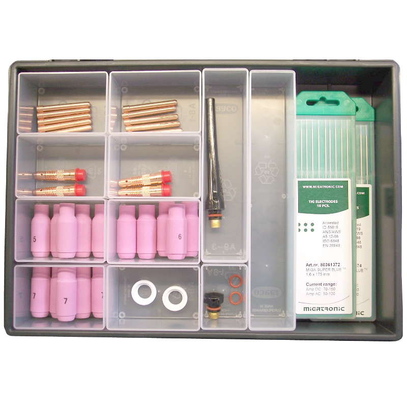 The Migatronic Wear Parts Box TIG 201/221/401 is a plastic organizer with welding torch parts neatly sorted in compartments.