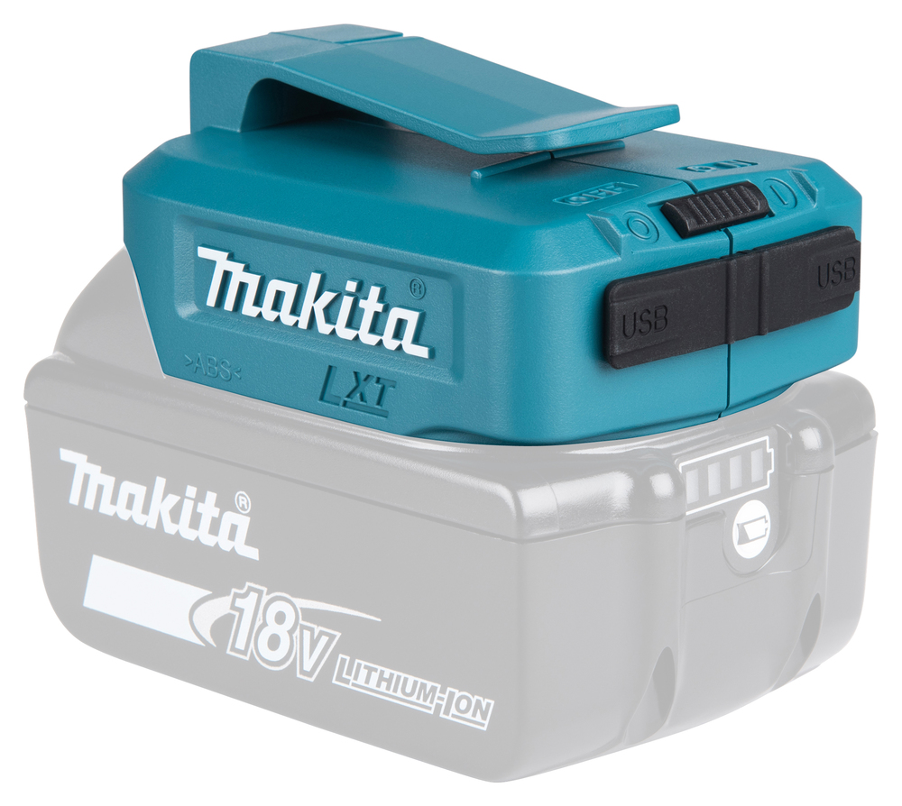 A teal Makita USB adapter with two ports is attached to a semi-transparent 18V lithium-ion battery, showing compatibility.