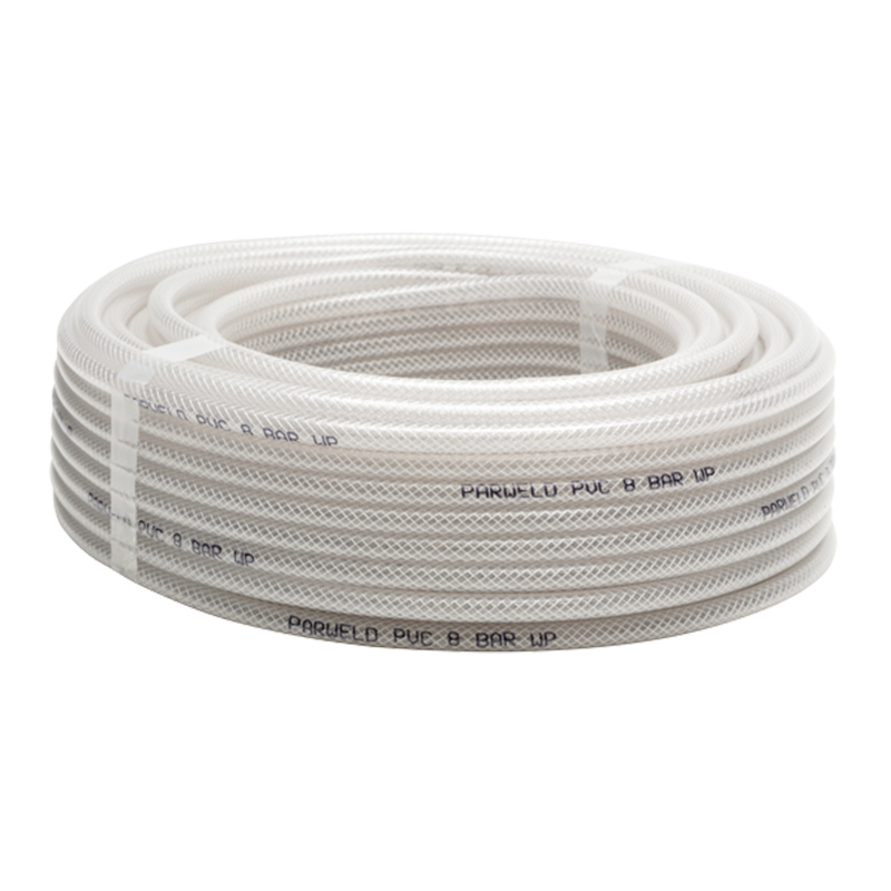 The Parweld Argon Nylon Braided Hose 1m is a transparent, coiled hose neatly bundled with white ties on a plain white background.