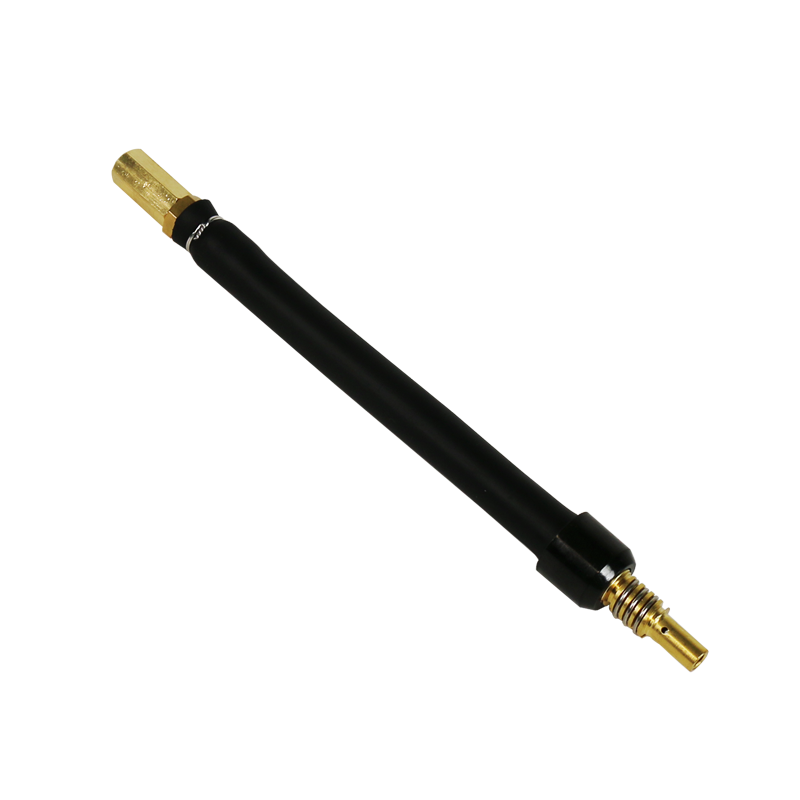 The Parweld Swan Neck in black and gold features a cylindrical metal end and a threaded brass connector on a transparent background.