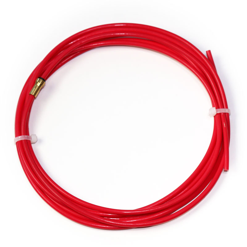 The Parweld Teflon Liner X 3mtr 1.0-1.2mm is a coiled red cable with brass connector and two white ties on a white background.