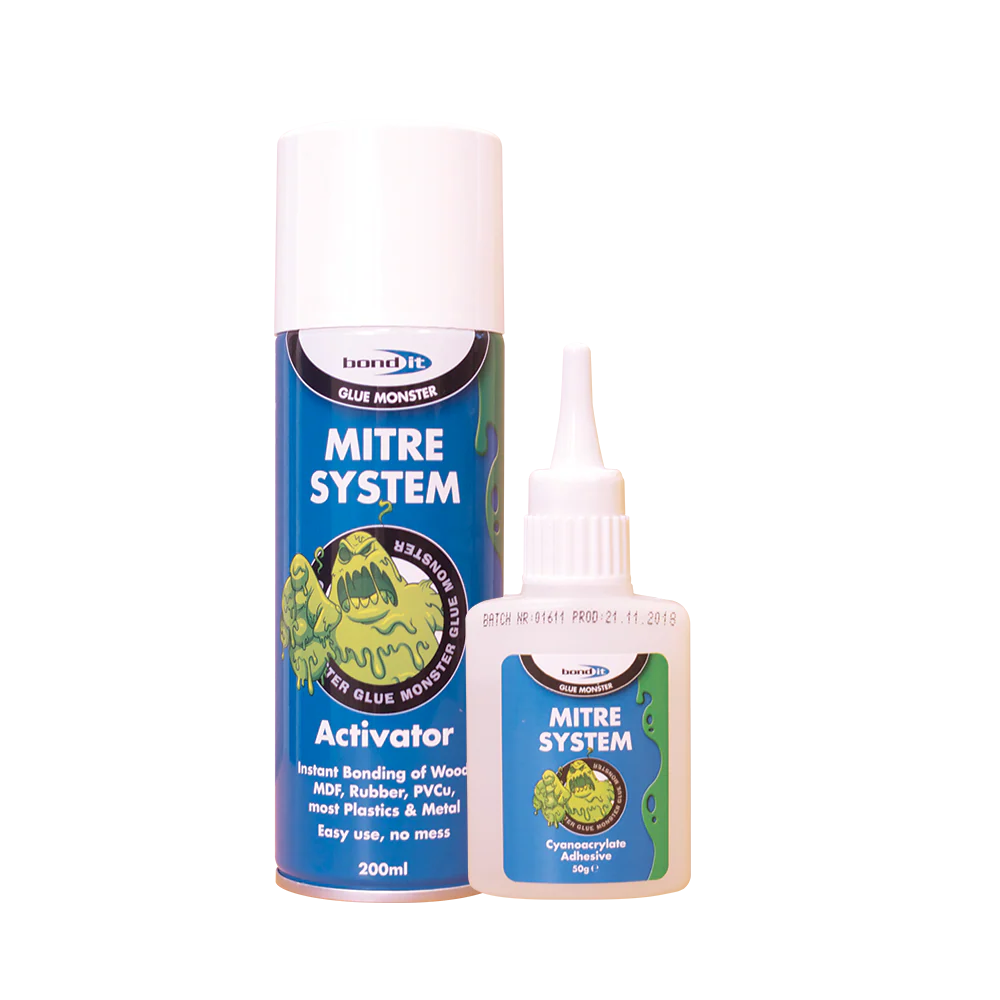 Two Bondit Mitre Bonding System products: a 200ml activator spray and a 50g bottle of glue with blue labels and green monster.