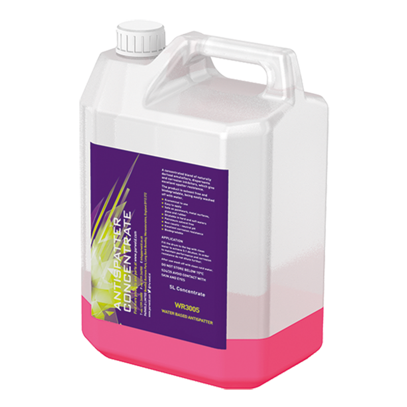 A 25L white plastic jug with a handle and purple label, filled with pink Parweld WR3025 Anti-Spatter (Antisparkler Concentrate).