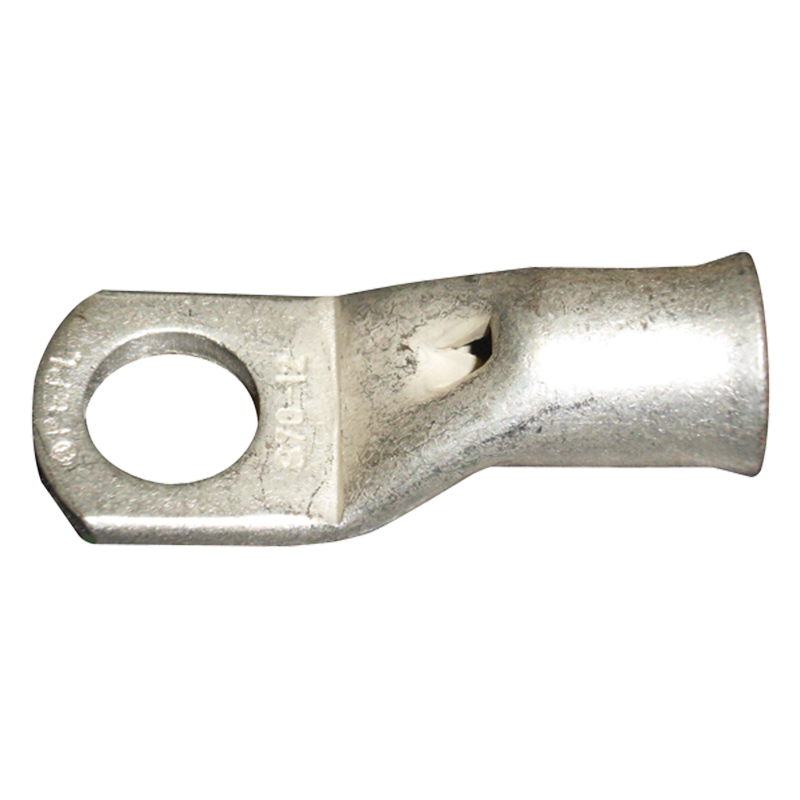 A close-up of a Parweld Crimp Lug 16-50SQ mm 1/2 Stud with a round bolt hole and cylindrical wire end on a white background.