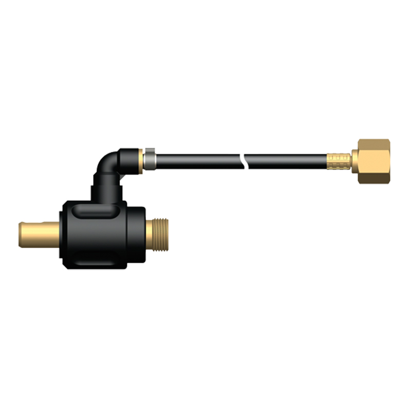 A digital rendering of the Parweld Power Adaptor D3595-1-1 gas valve with right-angle bend and flexible hose on white background.