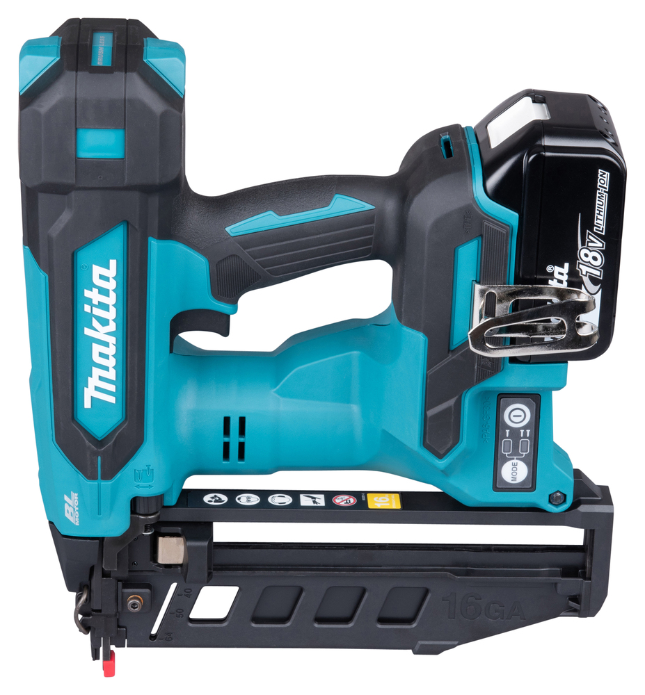 The Makita DBN601Z 16G 18V Finish Nailer has a black and teal body, visible battery pack, metal belt clip, and is for 16-gauge nails.