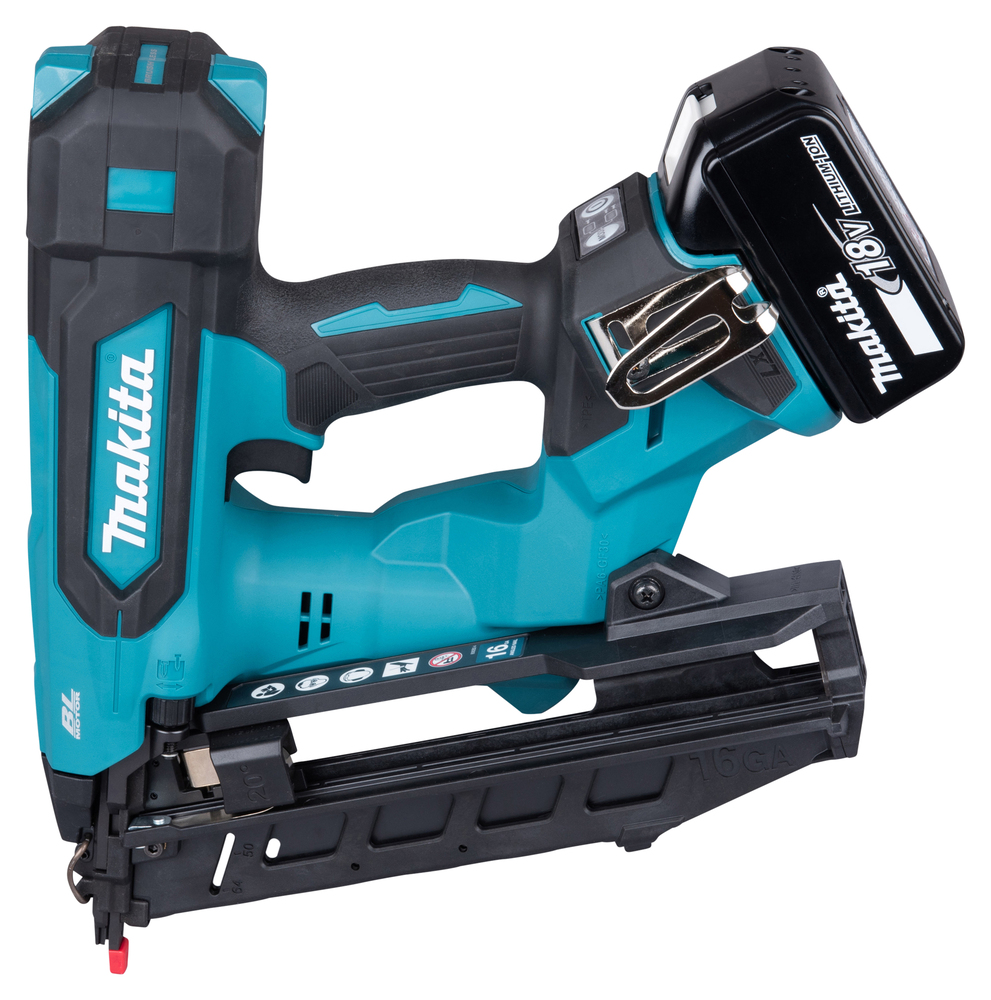 The 18V LXT 16 Gauge Angled Brad Nailer 32-64 has a teal and black body, top battery, side belt clip, and angled nail magazine.
