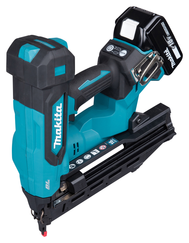 The 18V LXT 16 Gauge Angled Brad Nailer 32-64 has a cordless black and teal design, on-top battery pack, and side metal clip.