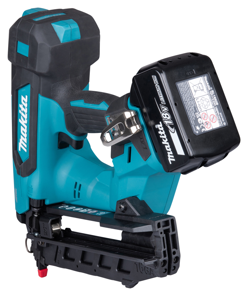 A teal and black 18V LXT 16 Gauge Angled Brad Nailer with trigger, battery pack, and nail compartment on a white background.