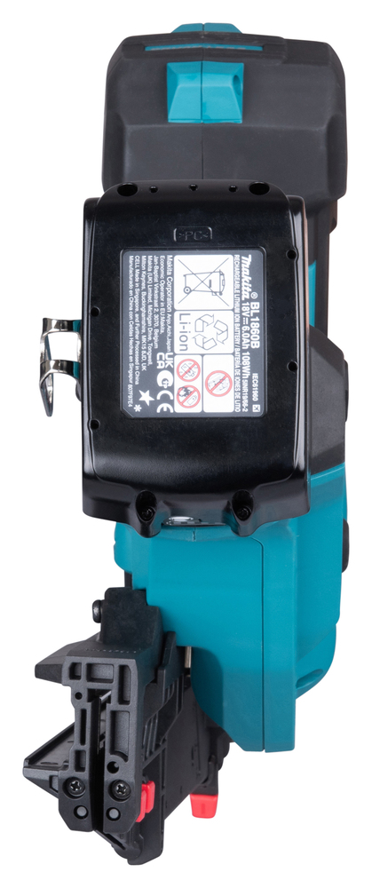 A close-up of the 18V LXT 16 Gauge Angled Brad Nailer 32-64 displays its teal and black cordless body with battery, safety instructions, and locks.