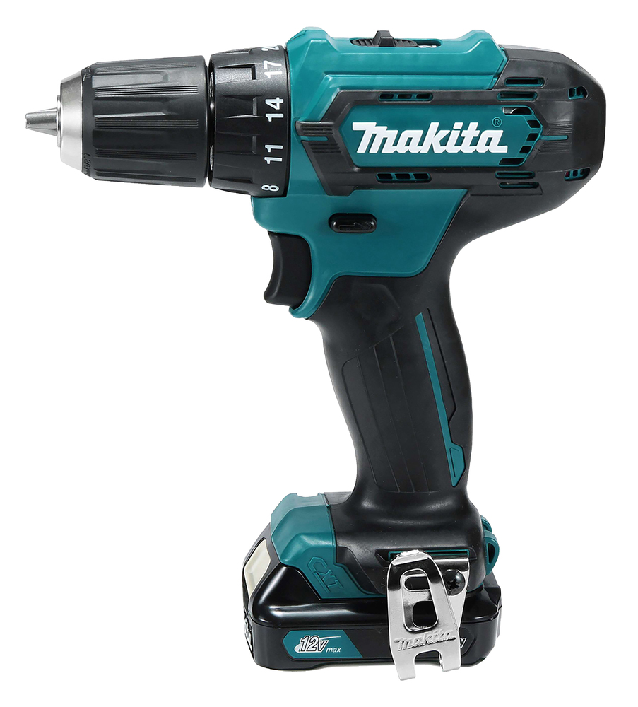 A teal and black Makita cordless power drill with a 12V lithium-ion battery and a metal belt clip, shown on a white background.