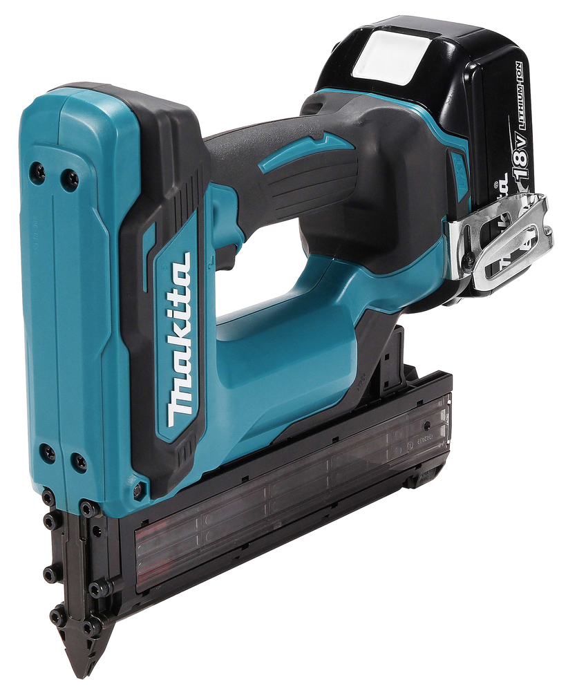A Makita 18V cordless nail gun with a blue and black body, black battery pack, and metal belt clip.