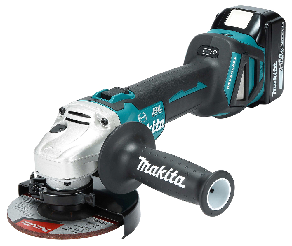 A cordless Makita angle grinder with a black handle, blue and black body, and visible grinding disc on a white background.