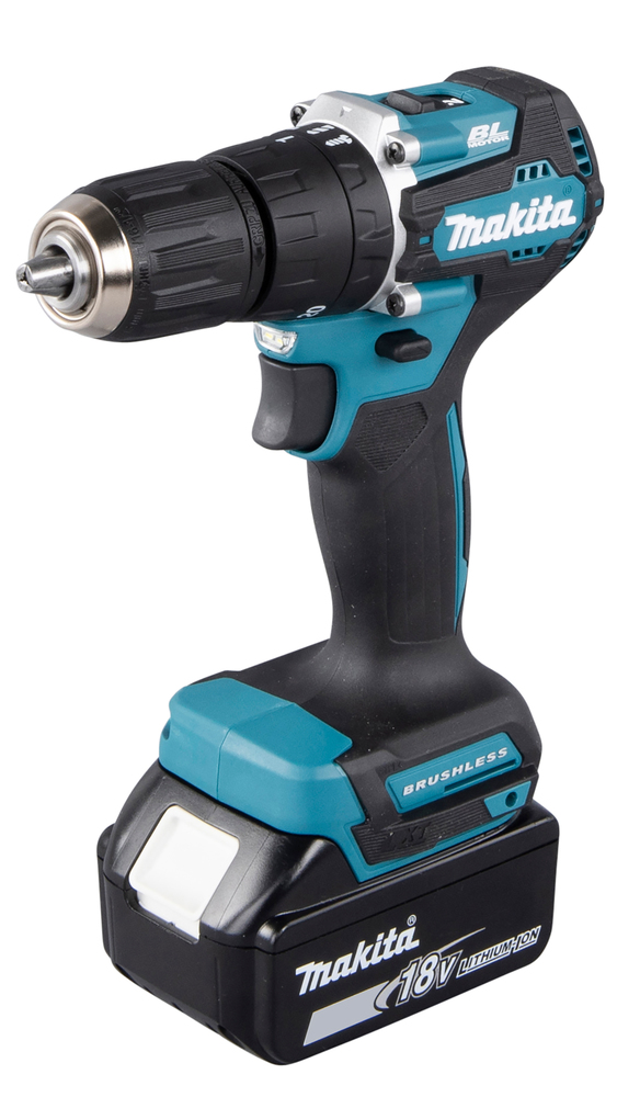 A cordless Makita power drill with a black and teal design, featuring an 18V lithium-ion battery and a brushless motor.
