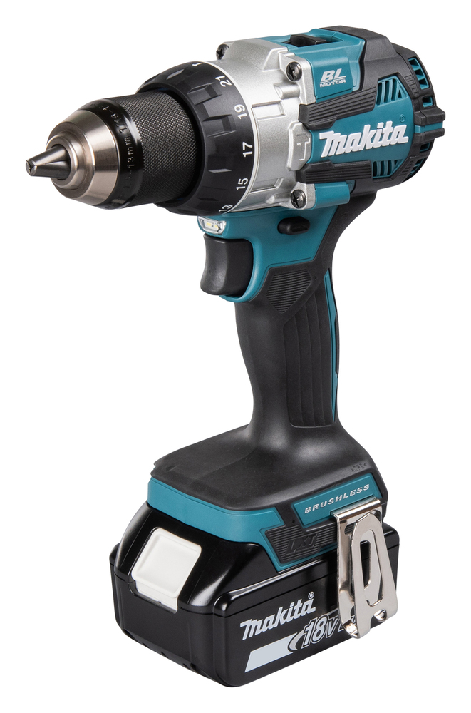 A Makita 18V cordless drill with a black and teal body, metal chuck, brushless motor label, and rechargeable battery at the base.