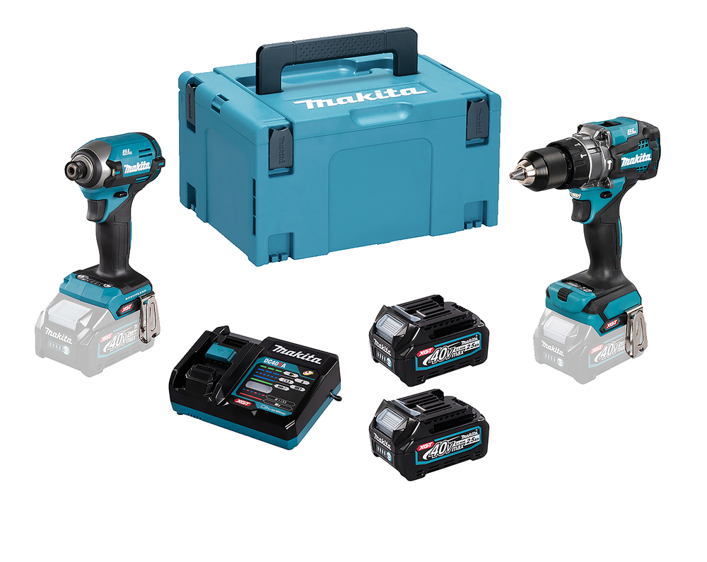 The Makita DK0176G205 40v XGT Combi Twin Pack with drill, impact driver, batteries, charger, and case on a white background.