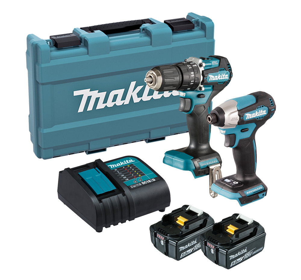 A Makita power tool set featuring a teal case, cordless drill, impact driver, battery charger, and two batteries with Makita logos.