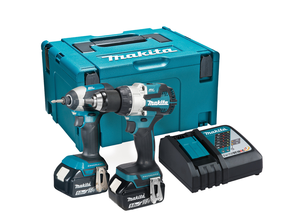 Makita cordless power tool set with a drill, impact driver, two 18V batteries, charger, and blue Makita carrying case.