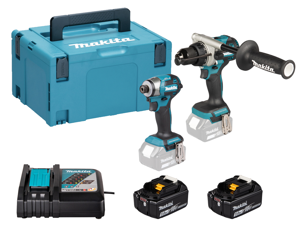 A Makita power tool set with a blue carrying case, drill, impact driver, battery charger, and two batteries on a white background.