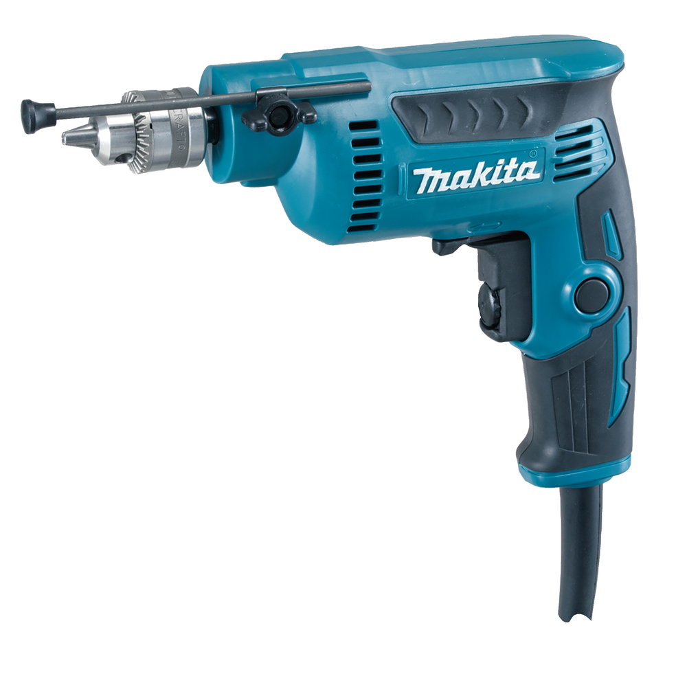 A blue and black Makita electric power drill with a side handle, trigger switch, and power cord, shown right side on white background.
