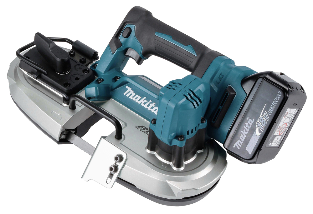 A cordless Makita 18V portable band saw with a teal and black body, large handle, and metal cutting blade on a white background.