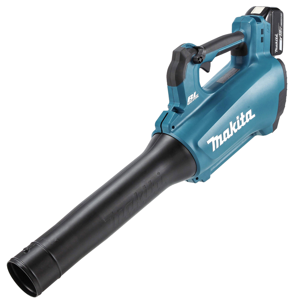 A cordless Makita leaf blower in blue and black, with a large handle and long black nozzle in a sleek, practical design.