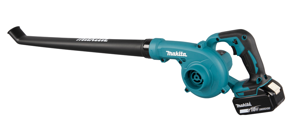 A cordless Makita 18V handheld leaf blower featuring a long black nozzle, teal body, and black battery pack on the handle.