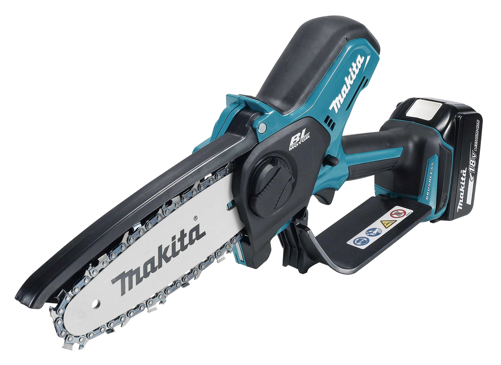 A Makita cordless chainsaw featuring a black and teal handle, visible chain blade, and an 18V battery attached at the back.