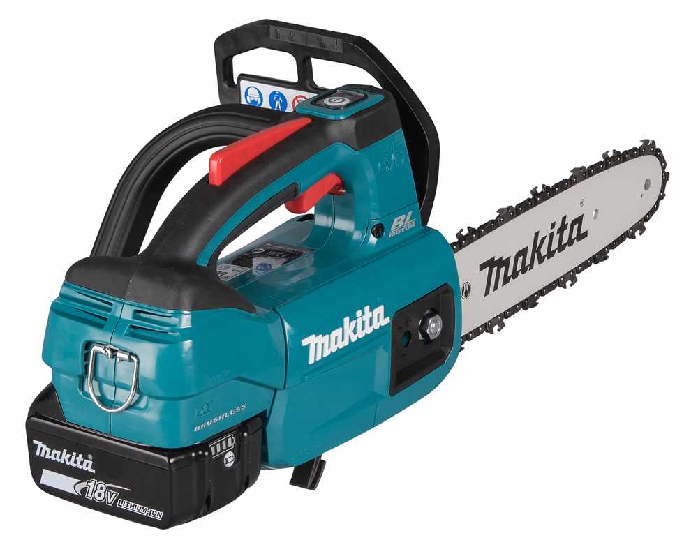 A teal and black Makita cordless electric chainsaw with an 18V lithium-ion battery, side handle, and safety buttons.