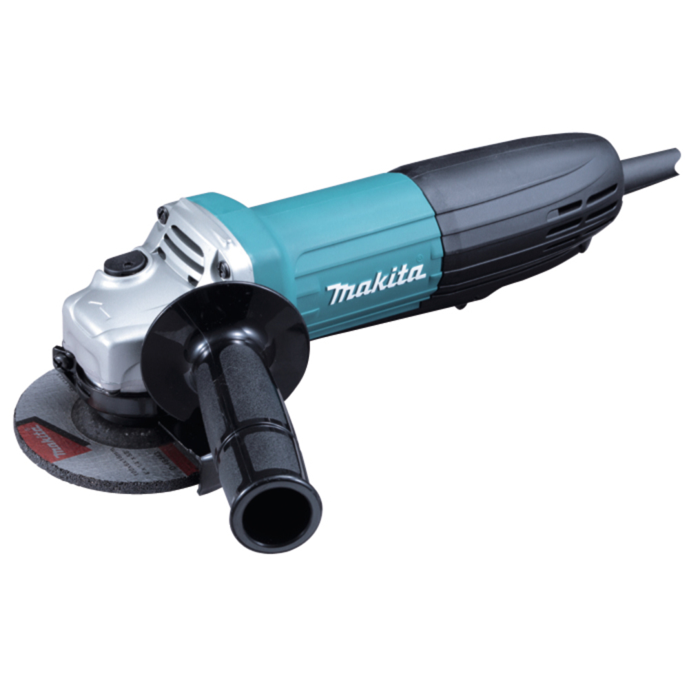 A Makita angle grinder with a teal and black body, side handle, and abrasive cutting disc displayed on a white background.