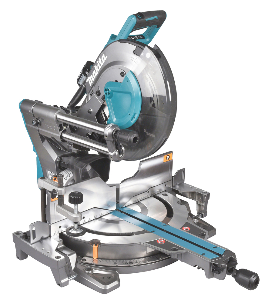 The Makita LS003GZ Slide Compound Mitre Saw XGT features a circular blade, adjustable arm, guides, and clamp for precise cutting.
