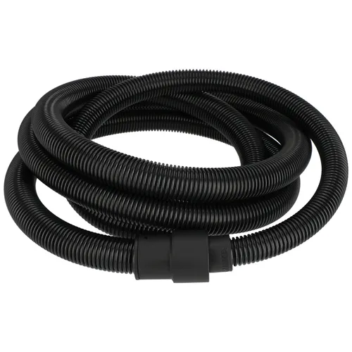 A coiled black corrugated plastic hose with a smooth connector, for vacuum cleaners or similar appliances, on a white background.