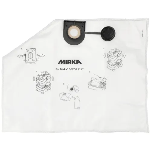 A white Mirka dust bag for DEXOS 1217 vacuums with a plastic connector and cap, showing assembly diagrams on the front.