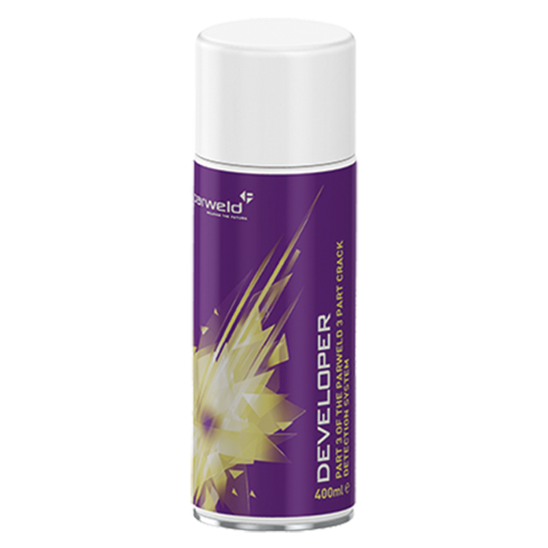 A purple and white 400ml Dye Penetrant Spray (Leak Detection) can with a yellow geometric design stands upright, labeled DEVELOPER.