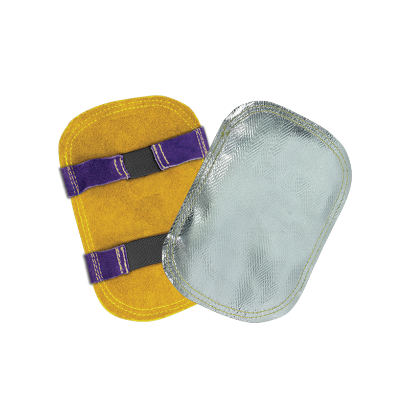 Two rectangular pads with rounded corners: one side is yellow with two purple and black elastic straps; the other is silver and reflective.