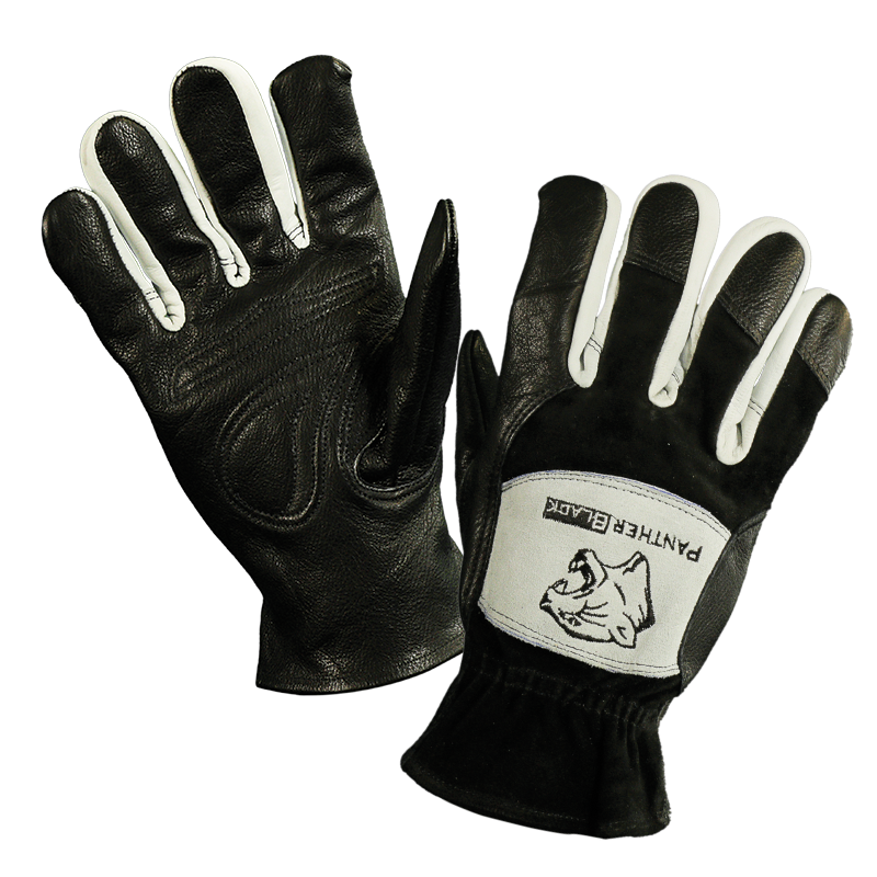 The P3832/8 Parweld Panther Black Short Tig Glove (size 8) features a black and white design with reinforced white fingertips.