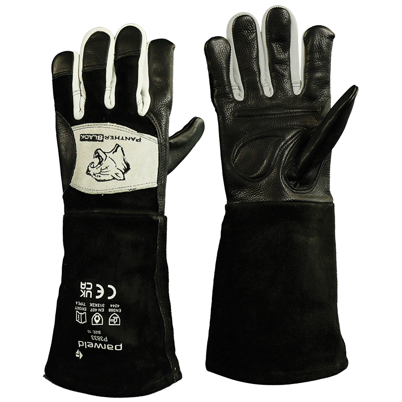 A pair of P3833/8 Parweld Panther Black Mig Gauntlet gloves, size 8, with extended cuffs, reinforced fingers, and a panther logo.