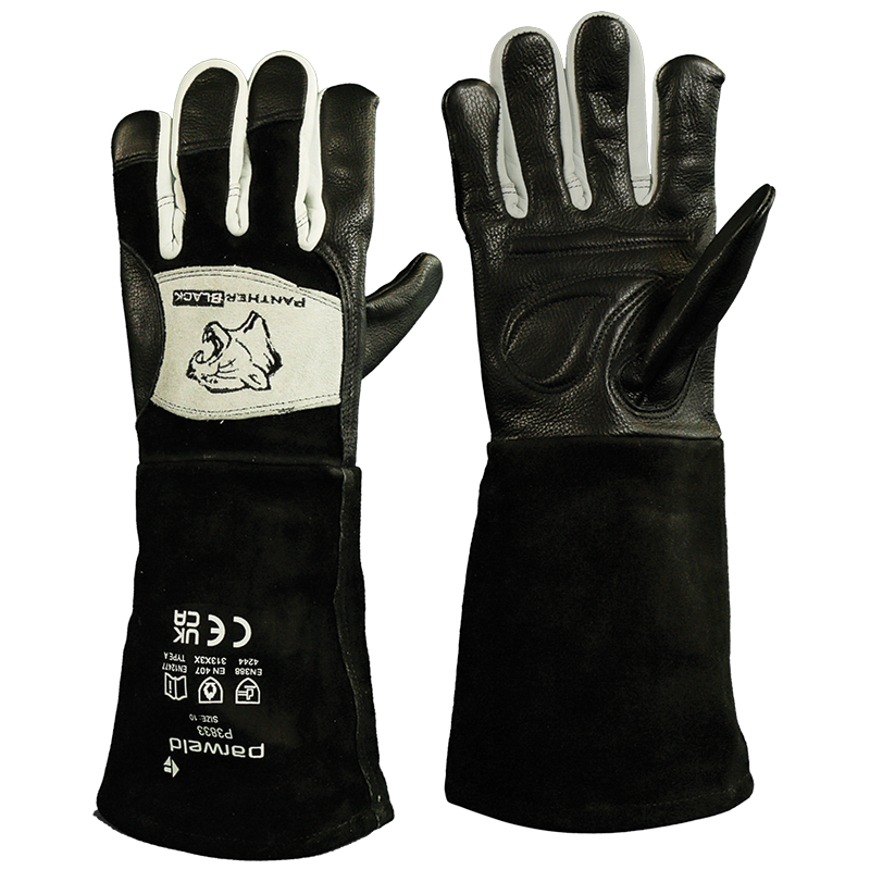 The Panther Black Mig Gauntlet Size 8 gloves have long cuffs, reinforced fingertips, a panther head logo, and safety markings.