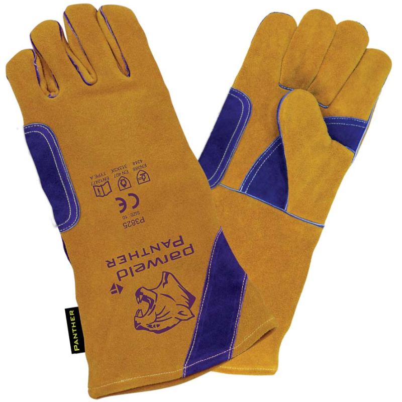 A pair of brown and blue MIG welding gloves (Size 10) with reinforced leather, safety symbols, and a panther logo.