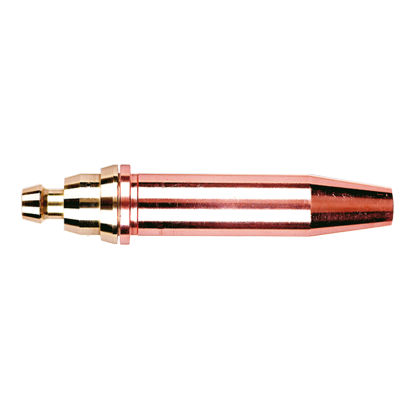 A Parweld PNM Nozzle 3/64" / 1.2mm lying horizontally on a white background, with a hexagonal brass and copper tip that tapers.