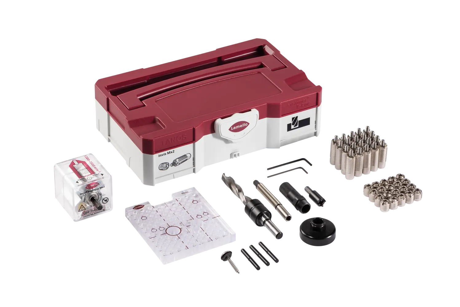 The Lamello 331006 23mm Extractor Stub with drill bits, fasteners, templates, and hardware in front of a red-white tool case.
