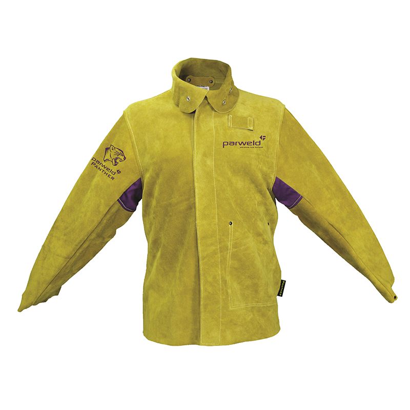 The PANTHER LEATHER WELDERS JACKET is yellow with long sleeves, a high collar, snap buttons, Parweld logos, and purple patches.