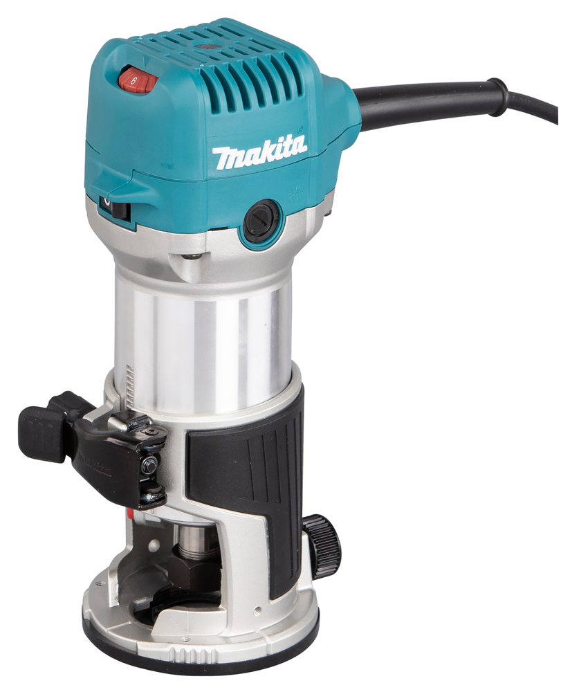 The Makita RT0702C Router Trimmer 1/4" 110V is a blue and silver electric hand-held tool with power lead, switch, and knobs.