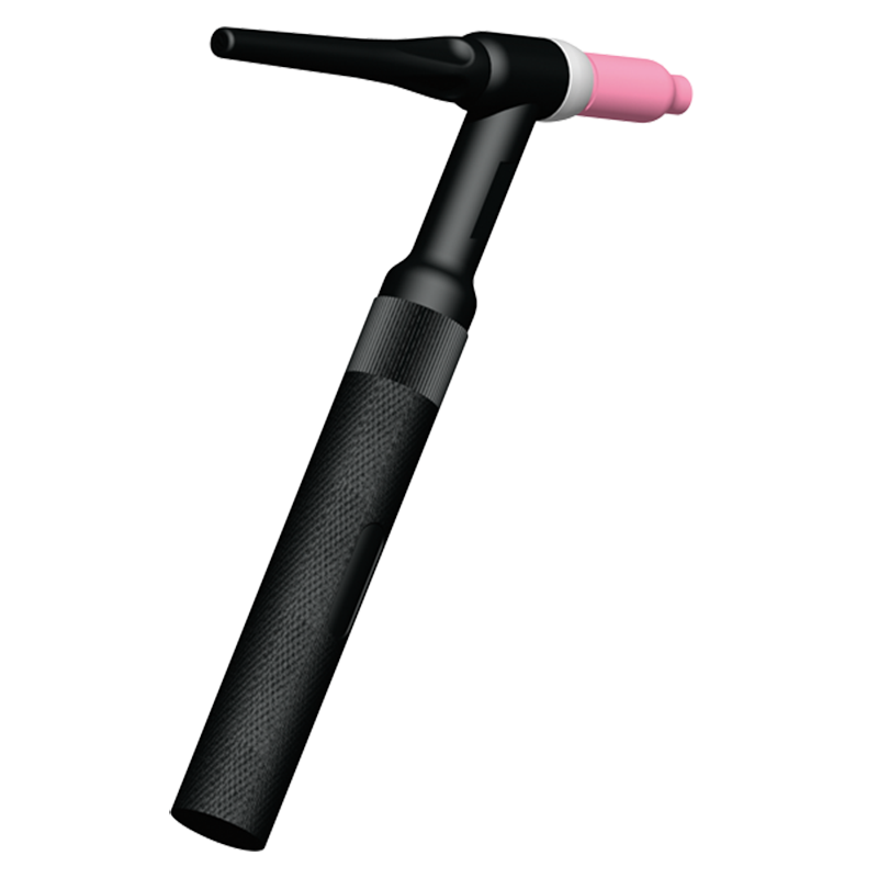 A Parweld WP26 Air Cooled TIG Torch with a black and pink design, textured grip, angled nozzle, and ceramic cup on a plain background.