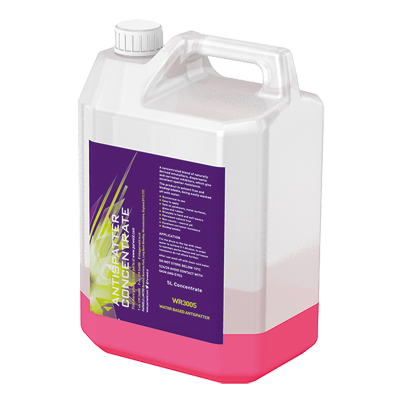 A translucent 5L plastic container with a handle, filled halfway with pink liquid and a purple label on the front.