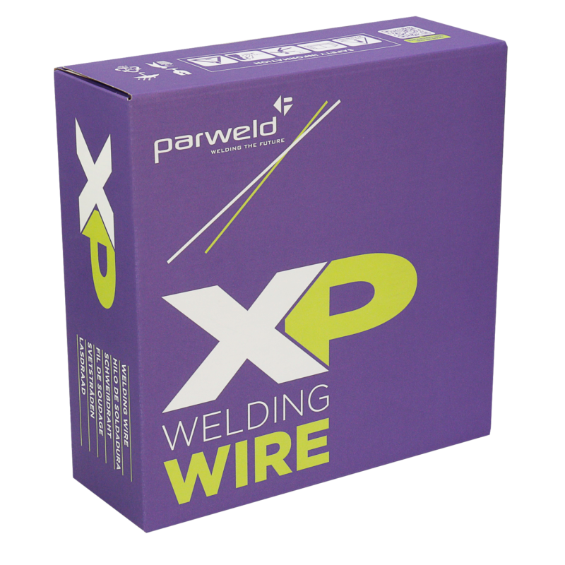 A purple box of Parweld 1.2mm 308LSI S/Steel Mig Wire 15KG, with bold white and green graphics showing the brand and product name.