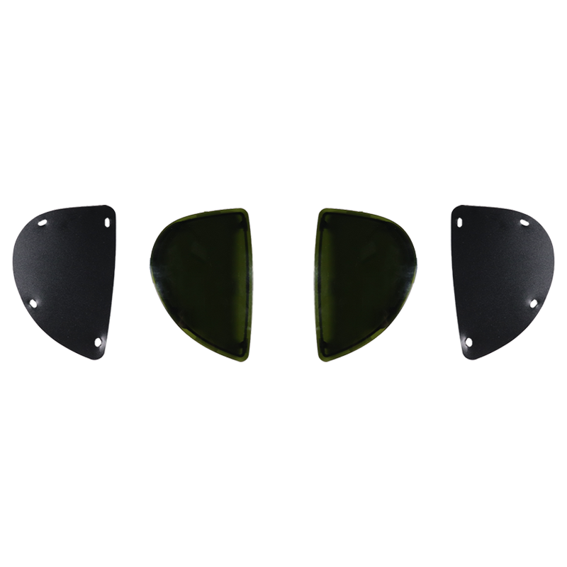 Four black, semi-circular XR435 Parweld Side Window parts with bolt holes are lined up; center pieces have a greenish tint.