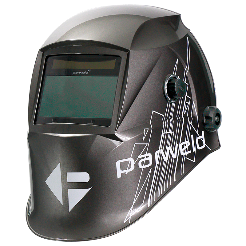 The helmet features a large viewing window, side adjustment knobs, and white geometric designs on its dark gray and black exterior.