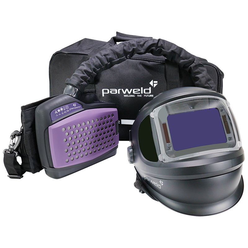 The Parweld AR943A welding helmet has a clear face shield, purple-vented respirator unit, and a black carrying bag in the background.
